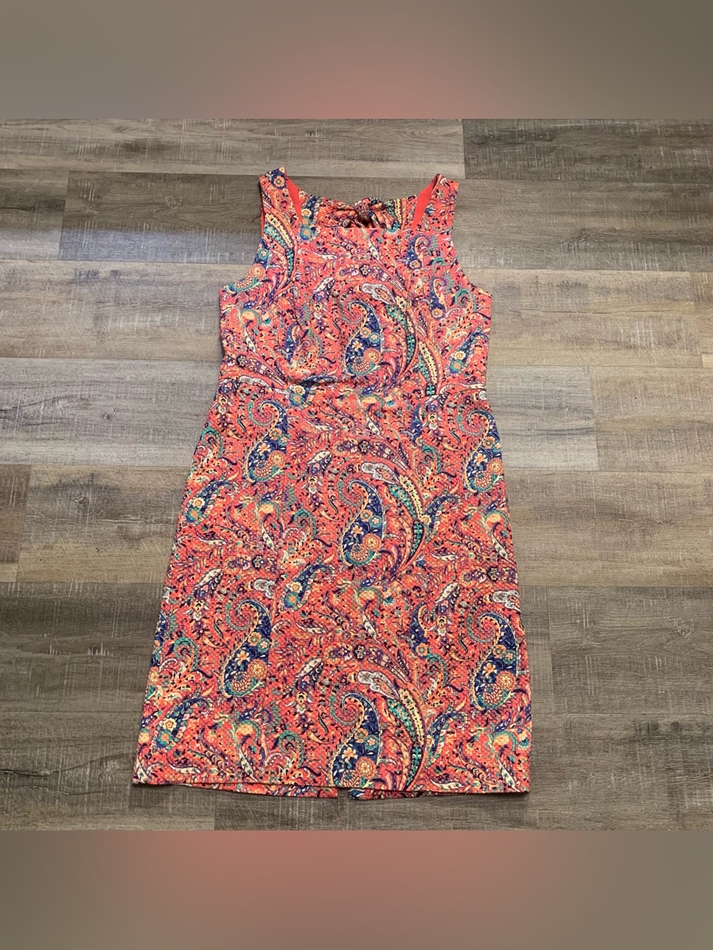 Talbots Pink Paisley Floral Textured Square Neckline Dress Tie Back Detail 10